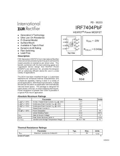 infineontechnologies Infineon Technologies IRF7404PBF-GURT MOSFET 1 P-Kanal 2.5W SO-8