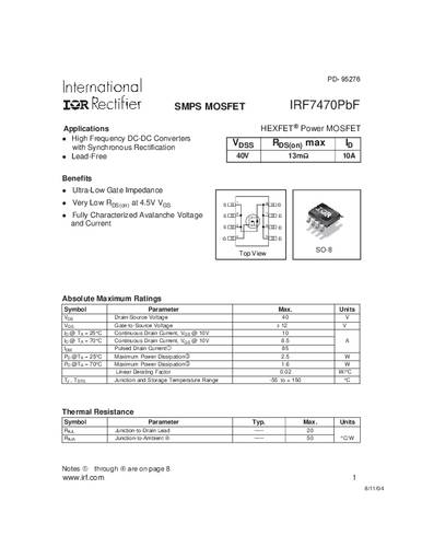 infineontechnologies Infineon Technologies IRF7470PBF-GURT MOSFET 1 N-Kanal 2.5W SO-8