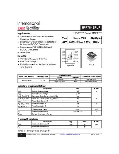 infineontechnologies Infineon Technologies IRF7842PBF-GURT MOSFET 1 N-Kanal 2.5W SO-8
