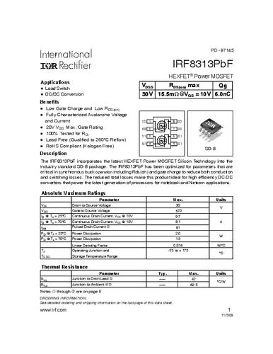 infineontechnologies Infineon Technologies IRF8313PBF-GURT MOSFET 1 N-Kanal 2.0W SO-8