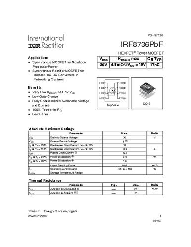 infineontechnologies Infineon Technologies IRF8736PBF-GURT MOSFET 1 N-Kanal 2.5W SO-8