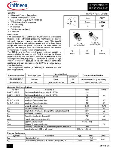 infineontechnologies Infineon Technologies IRF9530NSPBF-GURT MOSFET 1 P-Kanal 79W D2PAK