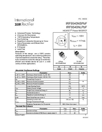 infineontechnologies Infineon Technologies IRF9540NSPBF-GURT MOSFET 1 P-Kanal 110W D2PAK
