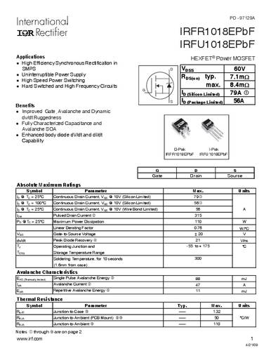 infineontechnologies Infineon Technologies IRFR1018EPBF-GURT MOSFET 1 N-Kanal 110W TO-252AA