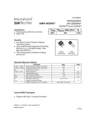 infineontechnologies Infineon Technologies IRFR220NPBF-GURT MOSFET 1 N-Kanal 43W TO-252AA