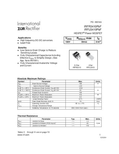 infineontechnologies Infineon Technologies IRFR3410PBF-GURT MOSFET 1 N-Kanal 110W TO-252AA