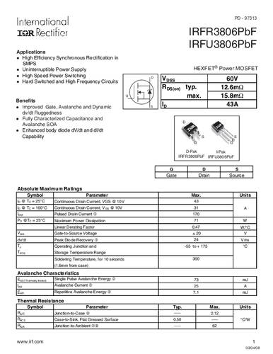 infineontechnologies Infineon Technologies IRFR3806PBF-GURT MOSFET 1 N-Kanal 71W TO-252AA