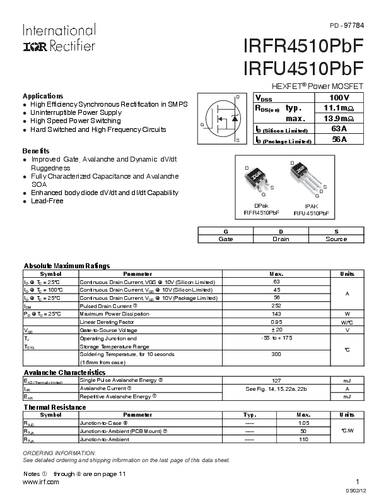 infineontechnologies Infineon Technologies IRFR4510PBF-GURT MOSFET 1 N-Kanal 143W TO-252AA