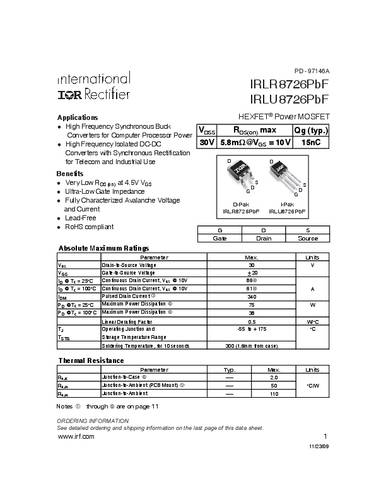 infineontechnologies Infineon Technologies IRLR8726PBF-GURT MOSFET 1 N-Kanal 75W TO-252AA