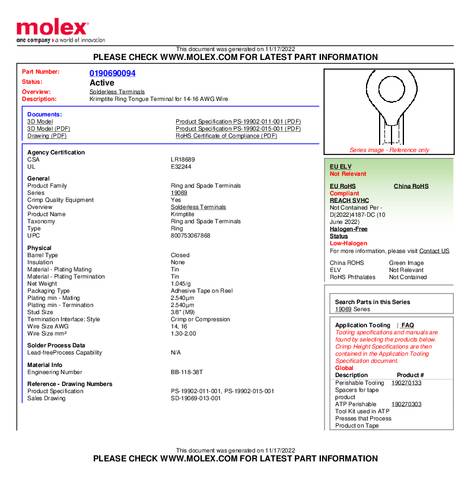 Molex 190690094 Ringkabelschuh Tape