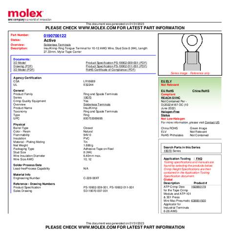 Molex 190700122 Ringkabelschuh Loch-Ø=4mm Tape