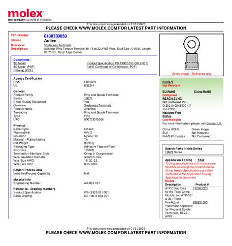 Molex 190730050 Ringkabelschuh Loch-Ø=5mm Tape