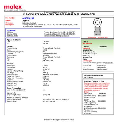 Molex 190730232 Ringkabelschuh Loch-Ø=6mm Tape