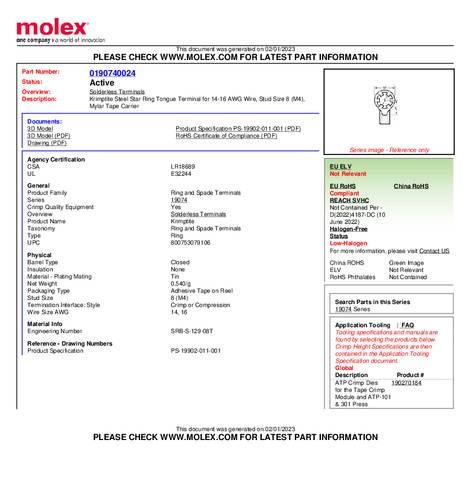 Molex 190740024 Ringkabelschuh Loch-Ø=4mm Tape