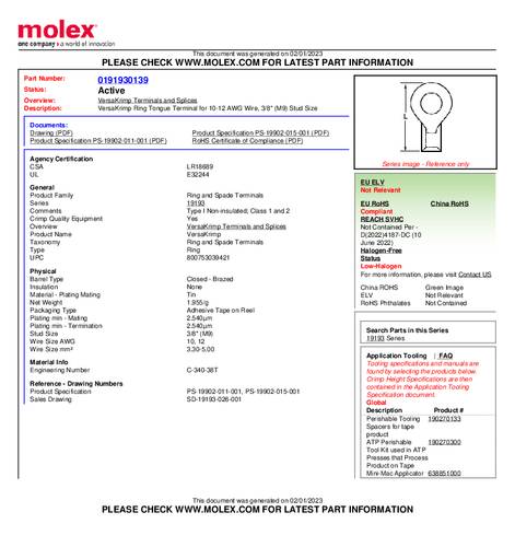 Molex 191930139 Ringkabelschuh Loch-Ø=9mm Tape