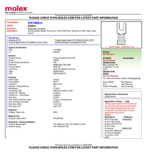 Molex 191390014 Gabelkabelschuh Loch-Ø=4mm Tape