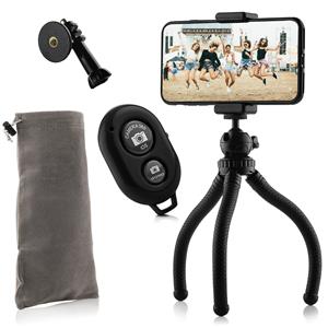 MOJOGEAR Flexibel statief met extra stevige poten KIT: incl. telefoonhouder, bluetooth remote, GoPro-adapter & opbergzakje