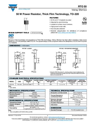 Vishay RTO050F100R0JTE1 Vermogensweerstand 100 Ω THT TO 220 50 W 5 % 1 stuk(s) Tube