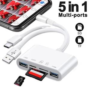 YJMP Electronic 5 in 1 USB OTG Adapter SD TF Memory Card Reader USB Type C Lightning 3 port for Camera Multimemory for iPhone Macbook Samsung Huawei PC Accessories