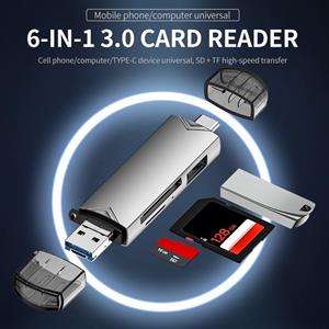 Aloisia Type C Micro SD-kaartlezer Type C naar USB OTG-adapter 6 in 1 USB 3.0 TF-kaart USB-stick Type C-kaartlezer zilver