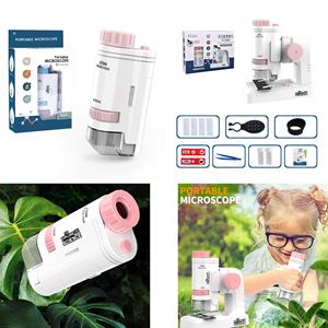 2 in 1 draagbare microscoop met basis voor op het bureau 200X zakmicroscoop Minimicroscoop met led-licht voor kinderen en studenten 1