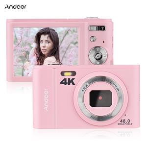 Andoer draagbare digitale camera 48MP 4K 2,8-inch IPS-scherm 16X zoom Zelfontspanner Gezichtsdetectie roze
