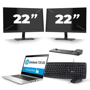 HP EliteBook 735 G5 - AMD Ryzen 5 PRO 2500U - 13 inch - 8GB RAM - 240GB SSD - Windows 10 + 2x 22 inch Monitor