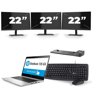 HP EliteBook 735 G5 - AMD Ryzen 5 PRO 2500U - 13 inch - 8GB RAM - 240GB SSD - Windows 10 + 3x 22 inch Monitor
