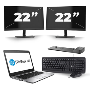 HP EliteBook 745 G3 - AMD PRO A10-8700B - 14 inch - 8GB RAM - 256GB SSD - Windows 11 + 2x 22 inch Monitor