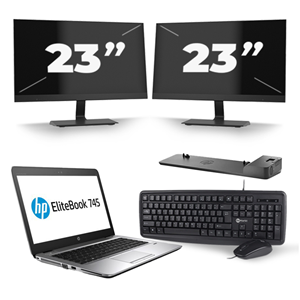 HP EliteBook 745 G3 - AMD PRO A10-8700B - 14 inch - 8GB RAM - 256GB SSD - Windows 11 + 2x 23 inch Monitor