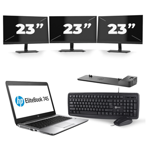 HP EliteBook 745 G3 - AMD PRO A10-8700B - 14 inch - 8GB RAM - 256GB SSD - Windows 11 + 3x 23 inch Monitor