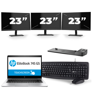 HP EliteBook 745 G5 - AMD Ryzen 5 2500U - 14 inch - 8GB RAM - 240GB SSD - Windows 10 + 3x 23 inch Monitor