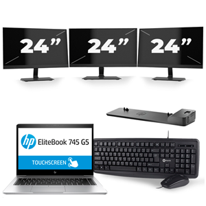 HP EliteBook 745 G5 - AMD Ryzen 5 2500U - 14 inch - 8GB RAM - 240GB SSD - Windows 10 + 3x 24 inch Monitor