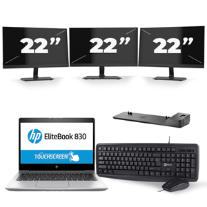 HP EliteBook 830 G5 - Intel Core i5-8e Generatie - 13 inch - 16GB RAM - 480GB SSD - Windows 11 + 3x 22 inch Monitor