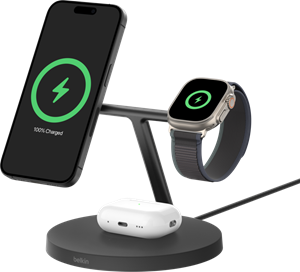 Belkin Boost Charge Pro MagSafe en Qi2 3-in-1 Draadloze Oplader 15W met Standaard Zwart