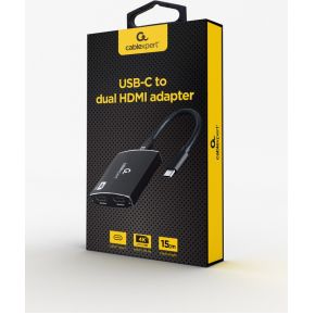 Gembird USB-C naar dubbele HDMI adapter, 4K 60Hz, zwart
