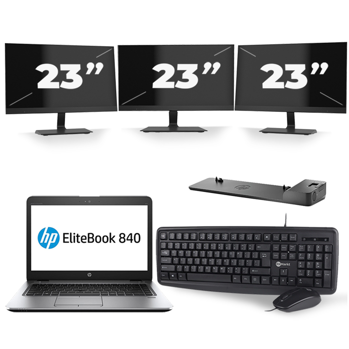 HP EliteBook 840 G3 - Intel Core i5-6e Generatie - 14 inch - 8GB RAM - 256GB SSD - Windows 11 + 3x 23 inch Monitor