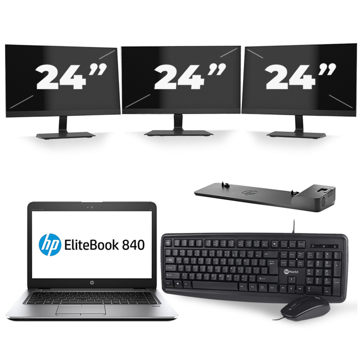 HP EliteBook 840 G3 - Intel Core i5-6e Generatie - 14 inch - 8GB RAM - 256GB SSD - Windows 11 + 3x 24 inch Monitor