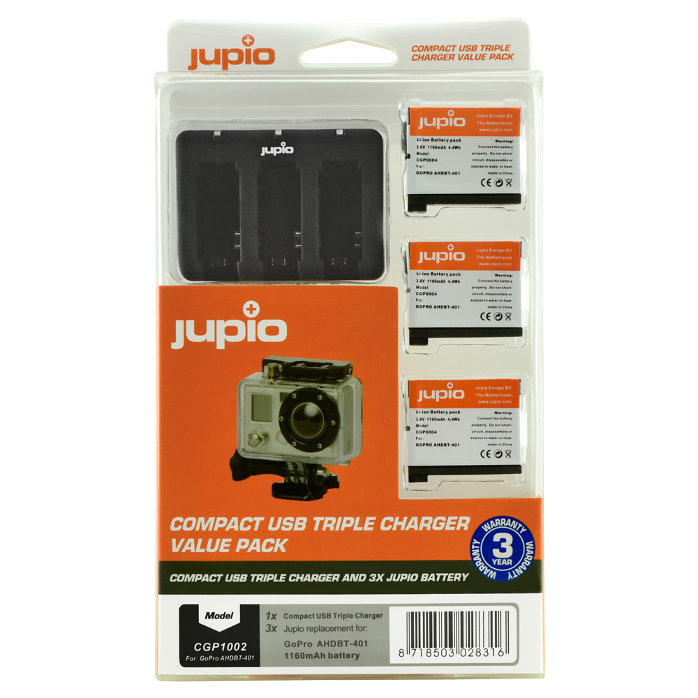 Jupio Kit: 3 x camera-accu AHDBT-401 voor GoPro Hero4 1160mAh + Compacte USB Triple lader