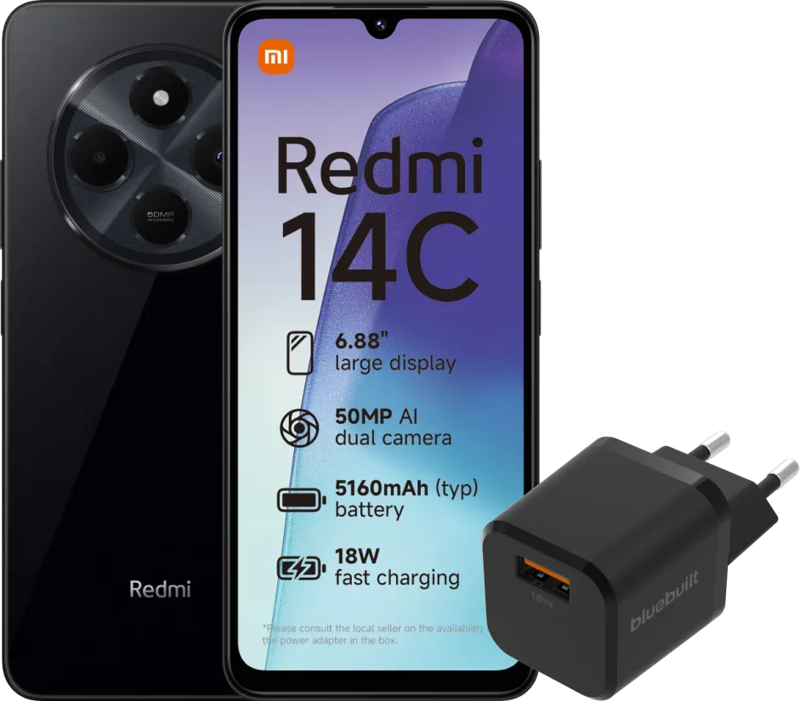 Xiaomi Redmi 14C 128GB Zwart 4G + BlueBuilt Oplader met Usb A Poort 18W Zwart