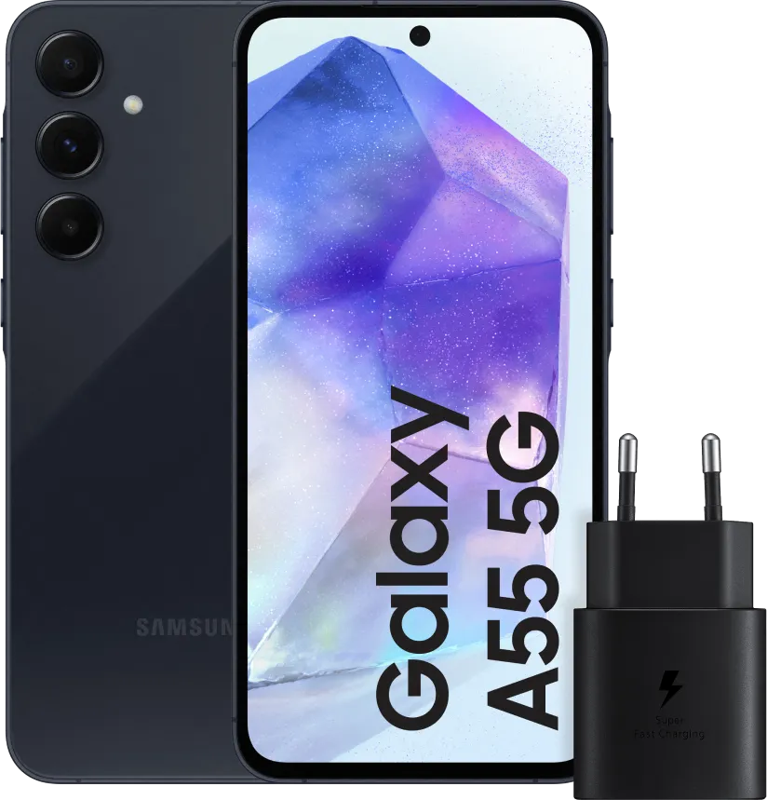 Samsung Galaxy A55 128GB Donkerblauw 5G +  25 Watt Snellader Zwart