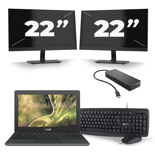 ASUS C204M - Intel Celeron N4000 - 11 inch - 4GB RAM - 32GB SSD - Windows 11 Home + 2x 22 inch Monitor