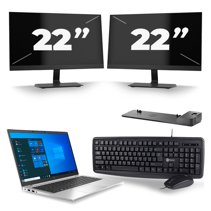 HP EliteBook 845 G7 - AMD Ryzen 3 Pro 4450U - 14 inch - 16GB RAM - 512GB SSD - Windows 10 Home + 2x 22 inch Monitor
