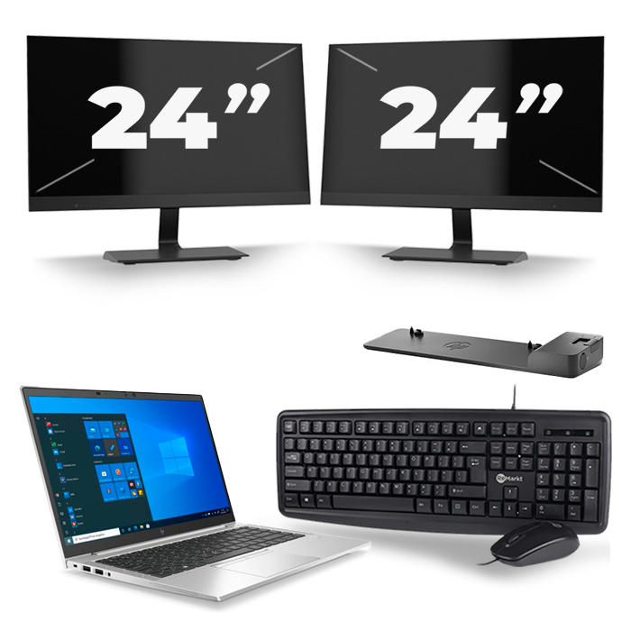 HP EliteBook 845 G7 - AMD Ryzen 7 PRO 4750U - 14 inch - 16GB RAM - 512GB SSD - Windows 10 Home + 2x 24 inch Monitor