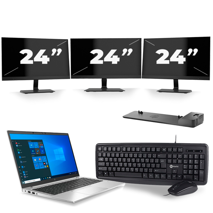 HP EliteBook 845 G7 - AMD Ryzen 7 PRO 4750U - 14 inch - 16GB RAM - 512GB SSD - Windows 10 Home + 3x 24 inch Monitor