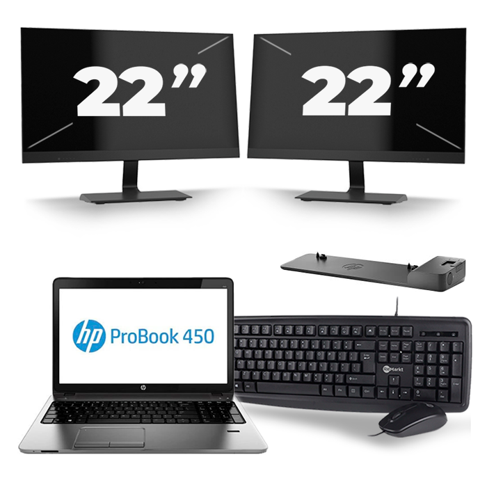 HP ProBook 450 G2 - Intel Core i3-4e Generatie - 15 inch - 8GB RAM - 256GB SSD - Windows 11 + 2x 22 inch Monitor