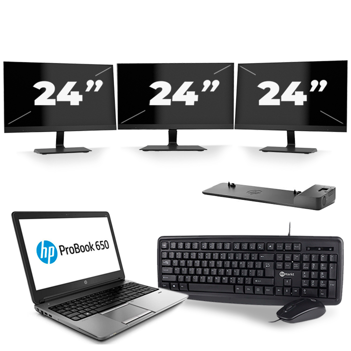 HP ProBook 650 G1 - Intel Core i5-4e Generatie - 15 inch - 8GB RAM - 256GB SSD - Windows 11 + 3x 24 inch Monitor