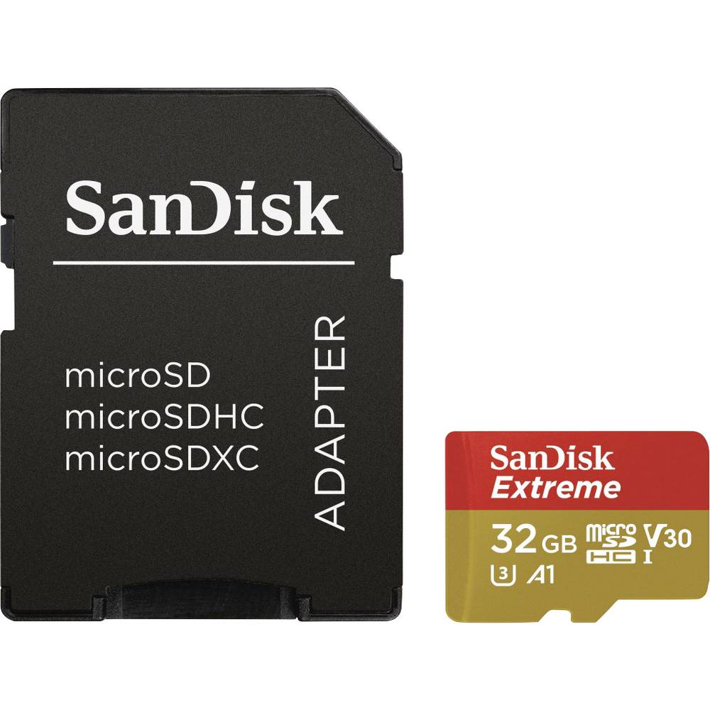 SanDisk Extreme Action Cam microSDHC-kaart 32 GB Class 10, UHS-I, UHS-Class 3, v30 Video Speed Class Incl. SD-adapter, A1-vermogensstandaard