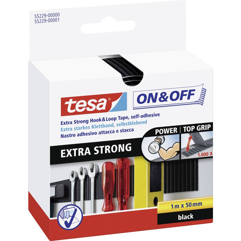 TESA On & Off 55229-00-01 Klittenband Om vast te plakken Haak- en lusdeel, Extra sterk (l x b x h) 1000 mm x 50 mm x 1 m Zwart 1 stuk(s)