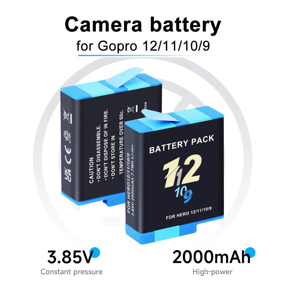 PALO Gopro Hero 12 11 10 9 camerabatterij 2000 mAh Li-ionbatterij met hoge capaciteit 7,7 Wh oplaadbare batterij met batterijopbergdoos 1Pcs